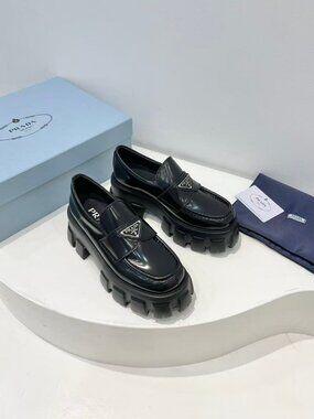 Prada Black Patent Platform Lug Sole Loafers Triangle Logo